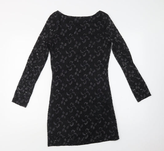Mela Loves London Womens Black Floral Polyester Bodycon  Size 10  Round Neck  - Lace Overlay