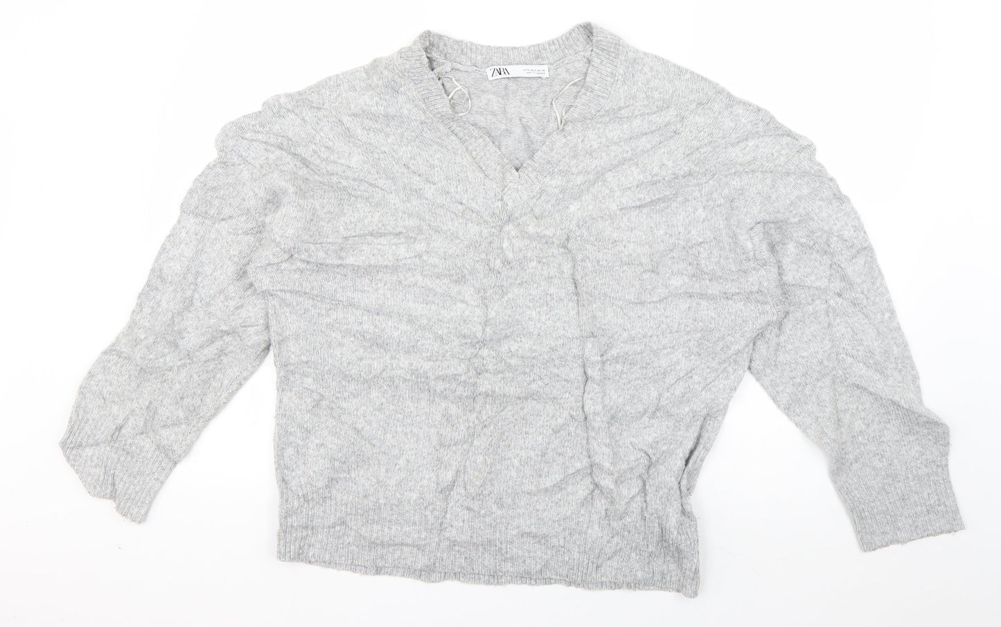 Zara Womens Grey V-Neck  Acrylic Pullover Jumper Size S