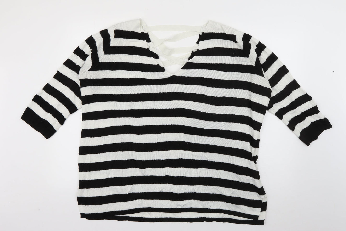 Amaryllis Womens White V-Neck Striped Acrylic Pullover Jumper Size 12