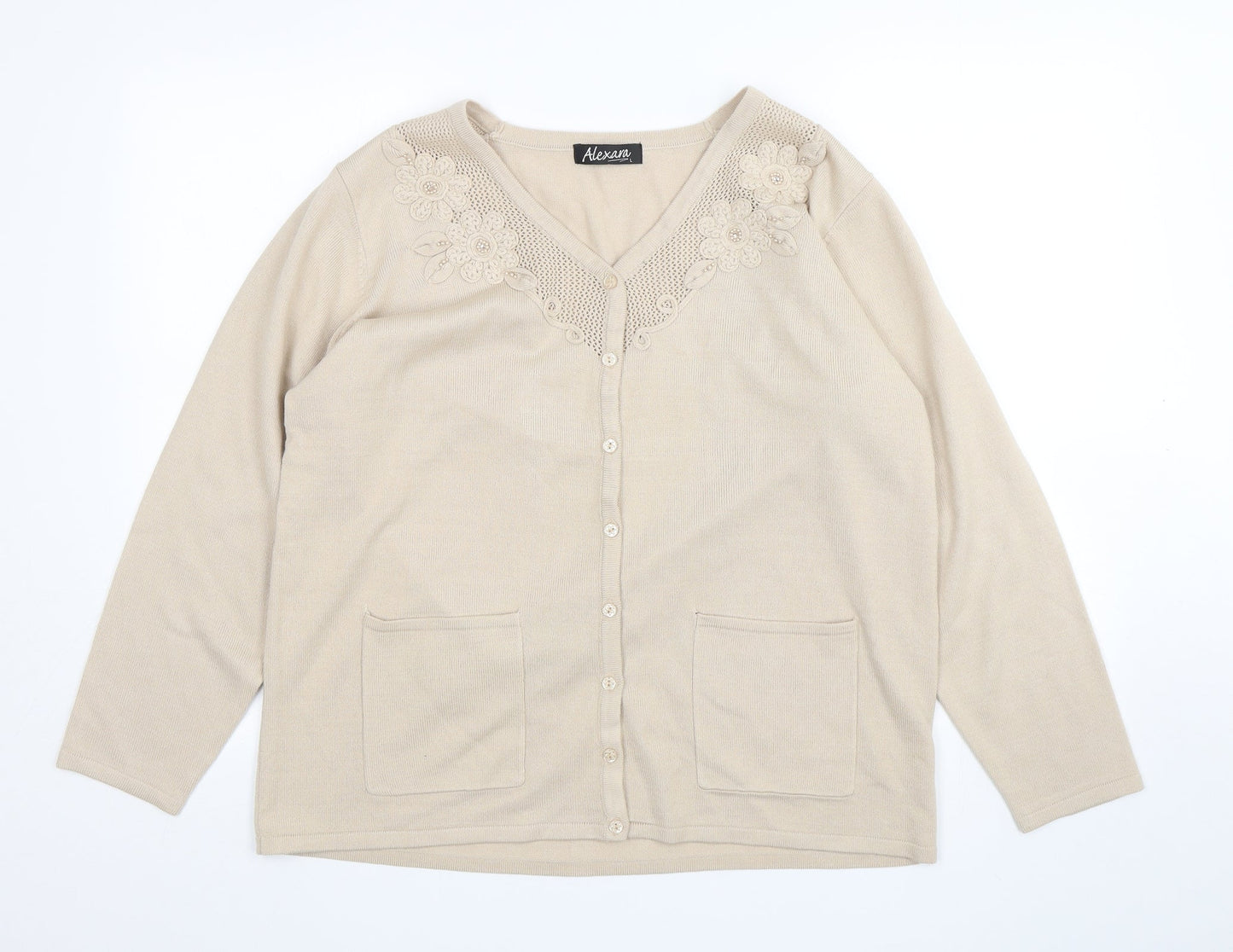 Alexara Womens Beige V-Neck  Acrylic Cardigan Jumper Size L