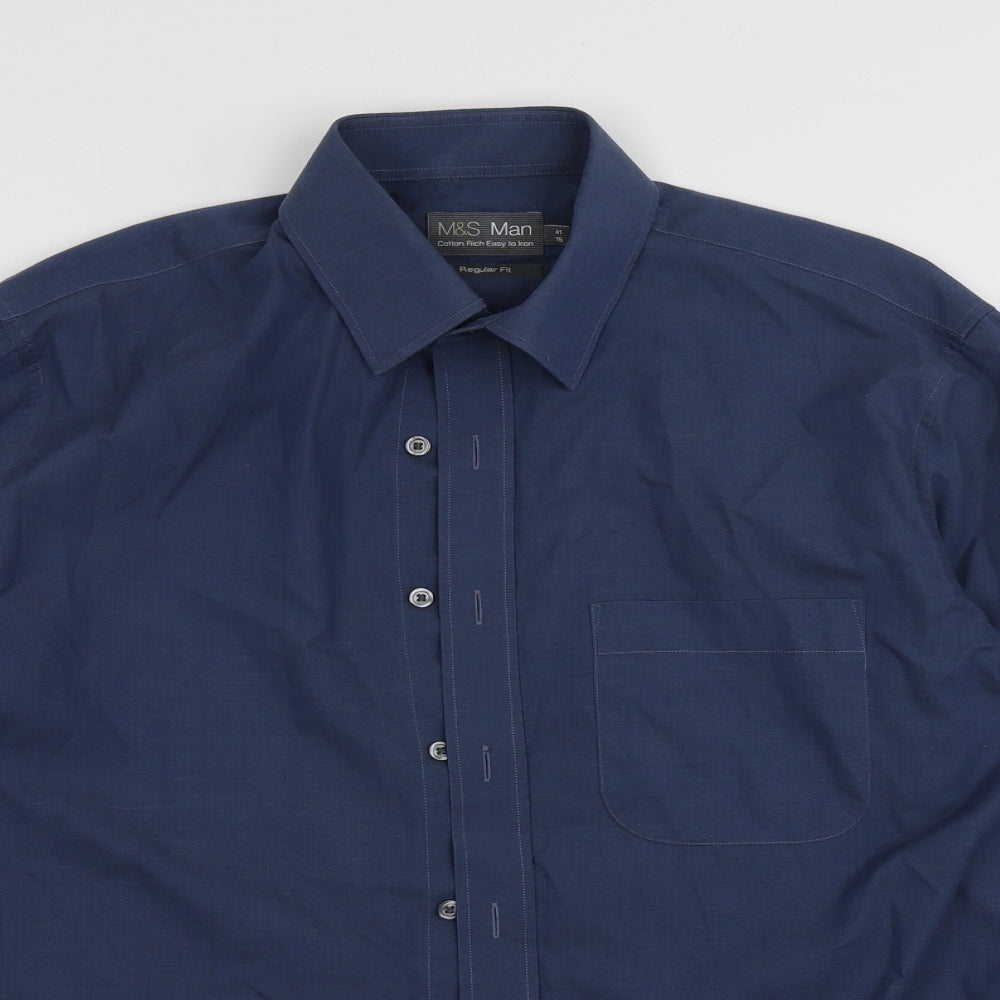 Marks and Spencer Mens Blue  Cotton  Button-Up Size 16 Collared Button