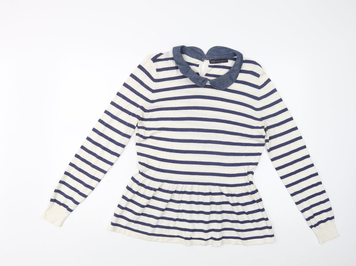 M&S Womens White Collared Striped Viscose Pullover Jumper Size 16