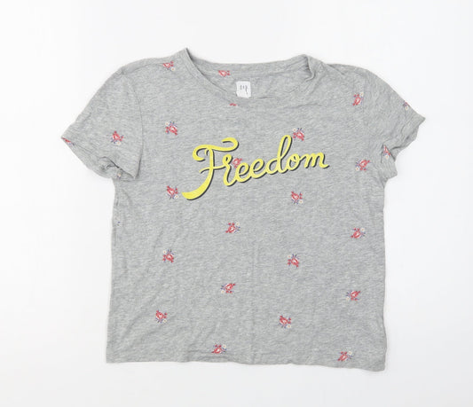Gap Girls Grey Floral Cotton Basic T-Shirt Size 10-11 Years Crew Neck