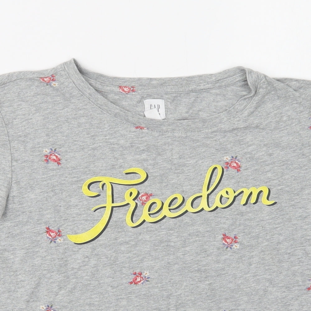 Gap Girls Grey Floral Cotton Basic T-Shirt Size 10-11 Years Crew Neck