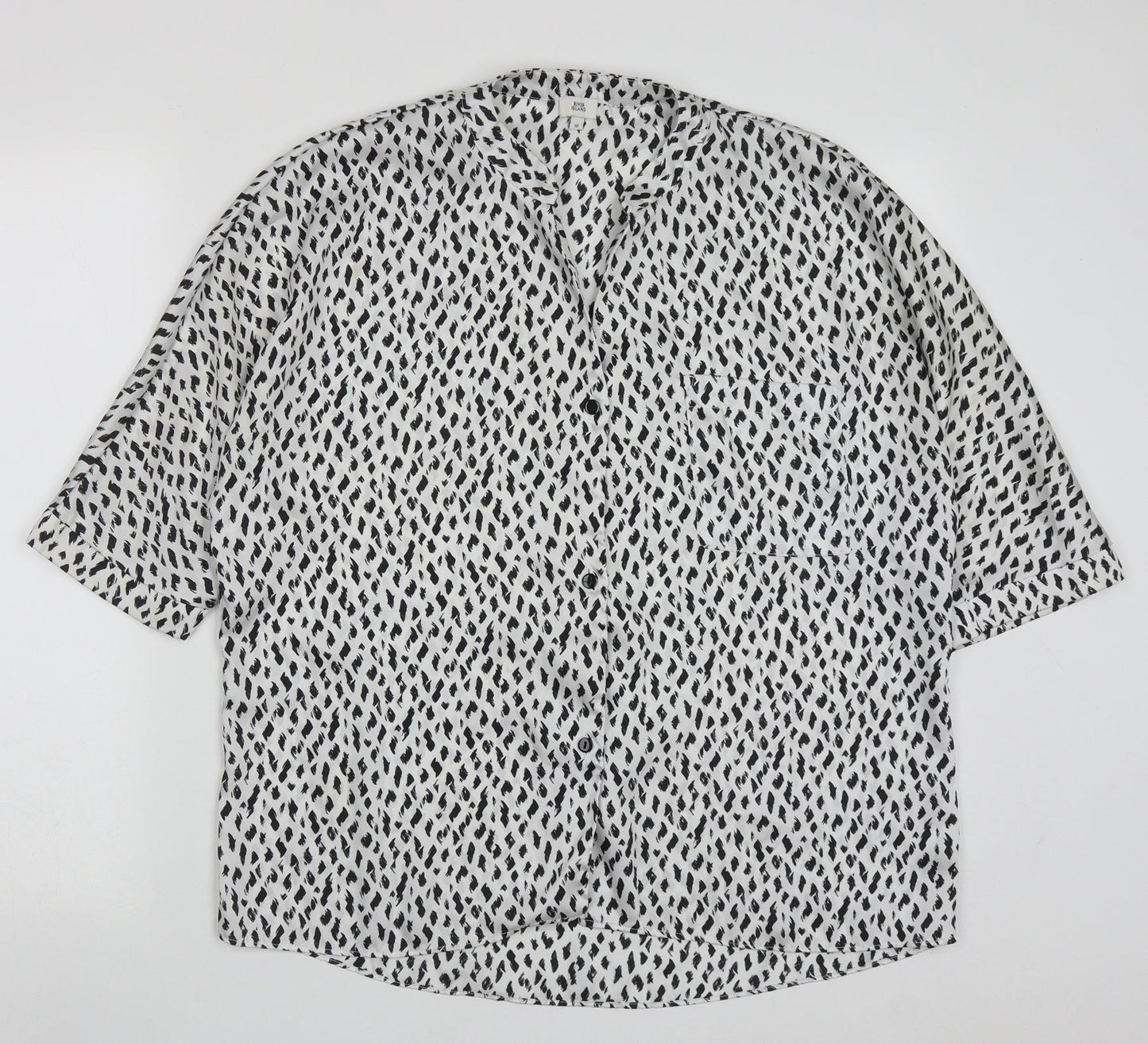 River Island Womens White Geometric Polyester Basic Button-Up Size 10 V-Neck - Black and White