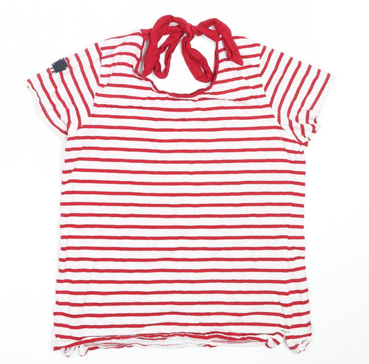 Voile Bleue Womens White Striped Cotton Basic T-Shirt Size L Round Neck