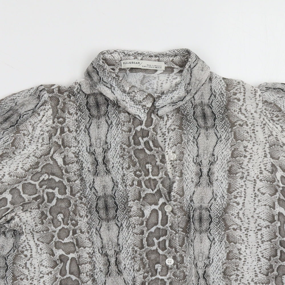 Pull&Bear Womens Grey Animal Print Viscose Basic Button-Up Size S Collared