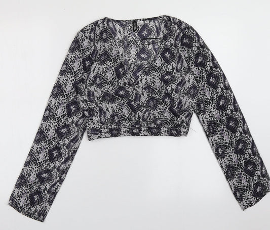 H&M Womens Purple Animal Print Polyester Cropped Blouse Size 4 V-Neck