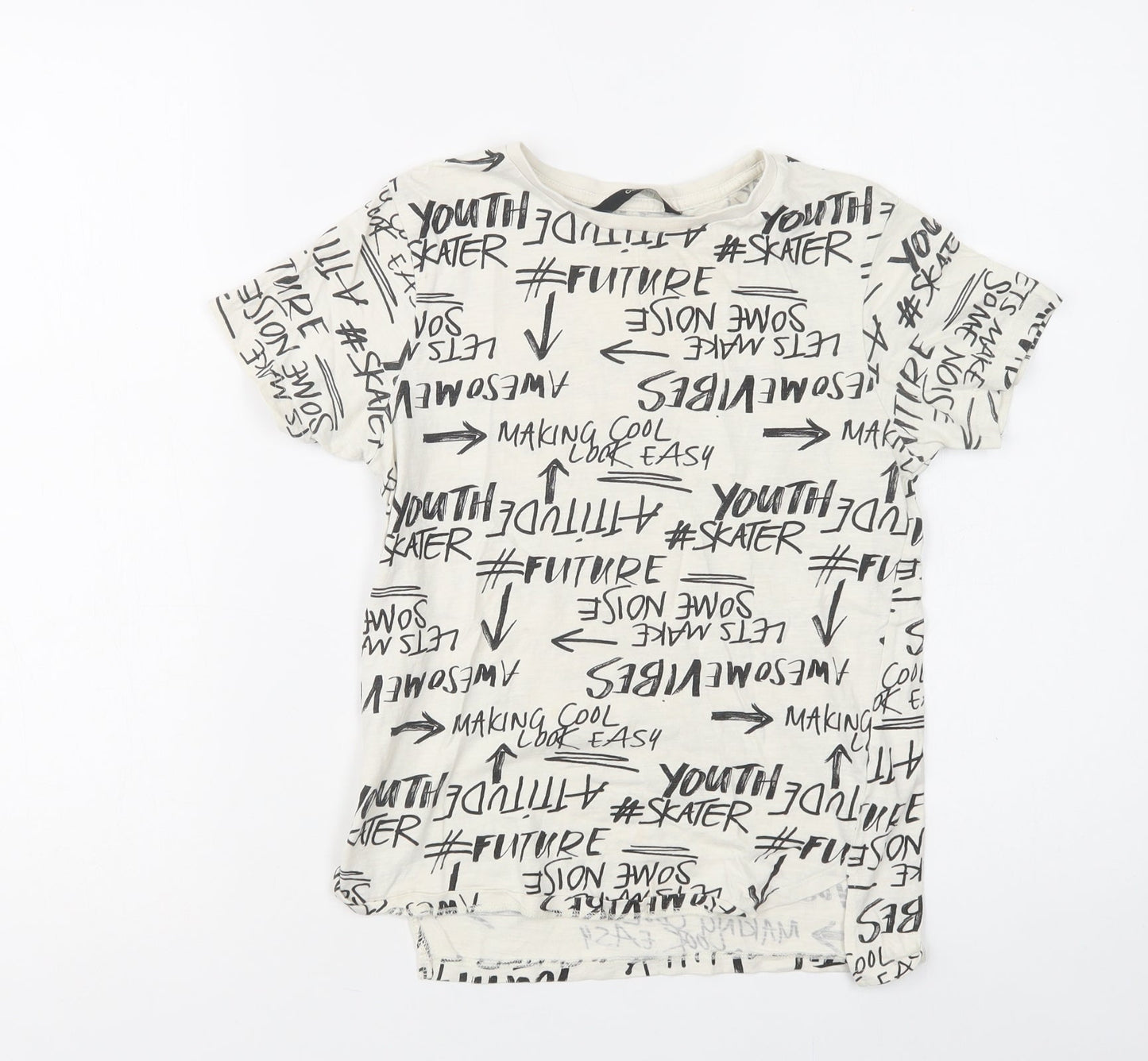 George Boys White Geometric Cotton Basic T-Shirt Size 9-10 Years Crew Neck