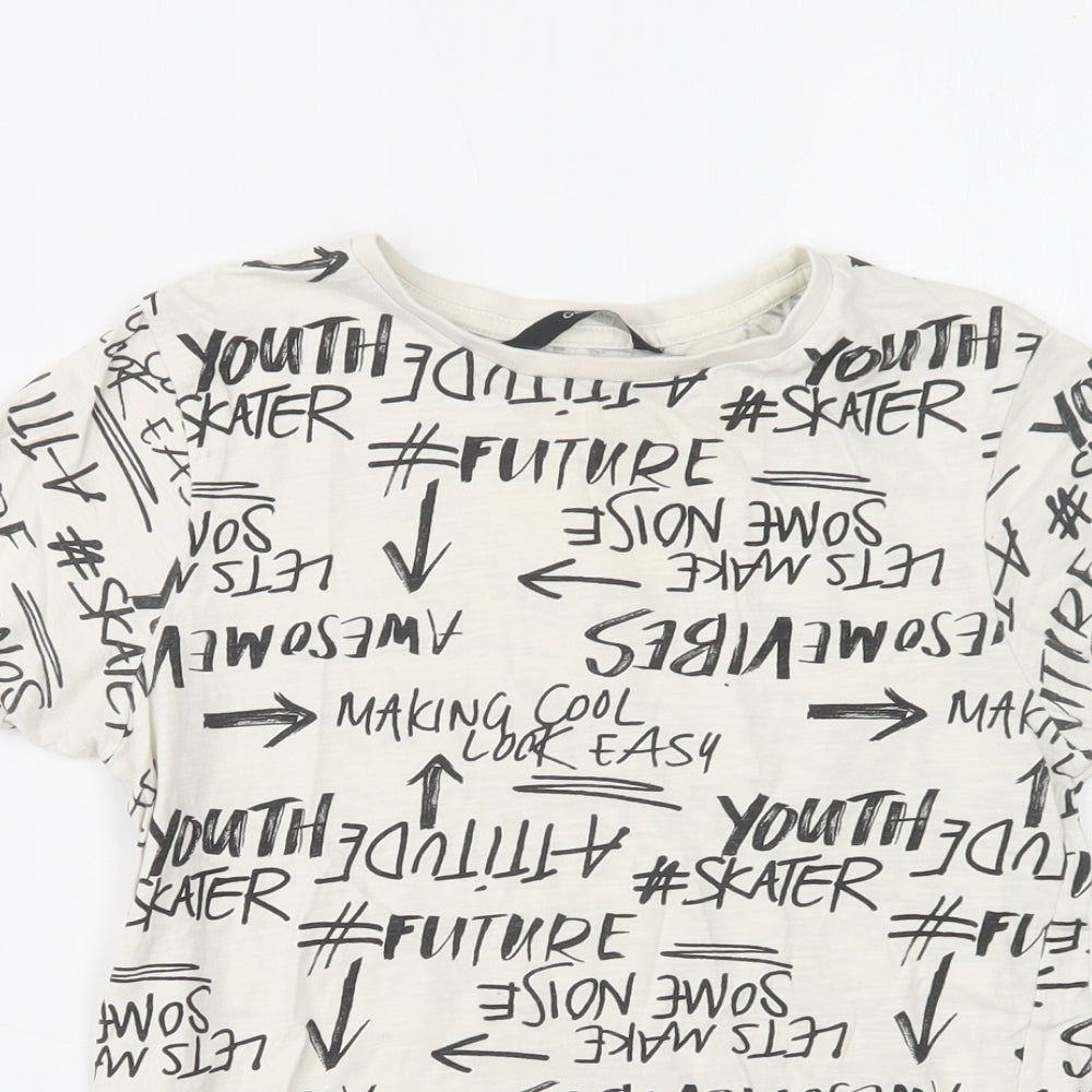 George Boys White Geometric Cotton Basic T-Shirt Size 9-10 Years Crew Neck