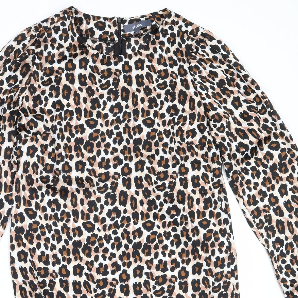 Studio Womens Beige Animal Print Polyester Fit & Flare  Size 10  Round Neck