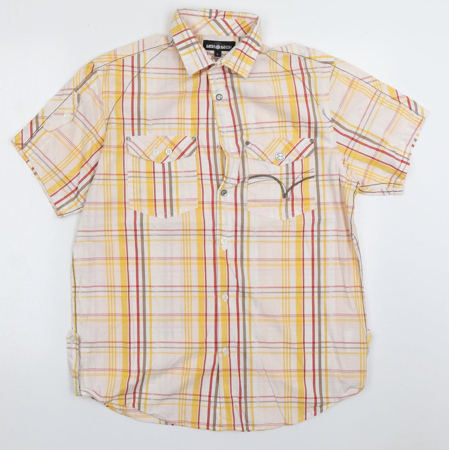 Mish Mash Mens Yellow Check Cotton  Button-Up Size L Collared Button