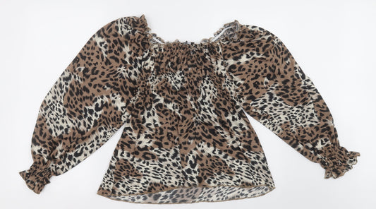 PEP&Co Womens Brown Animal Print Polyester Basic Blouse Size 8 Off the Shoulder