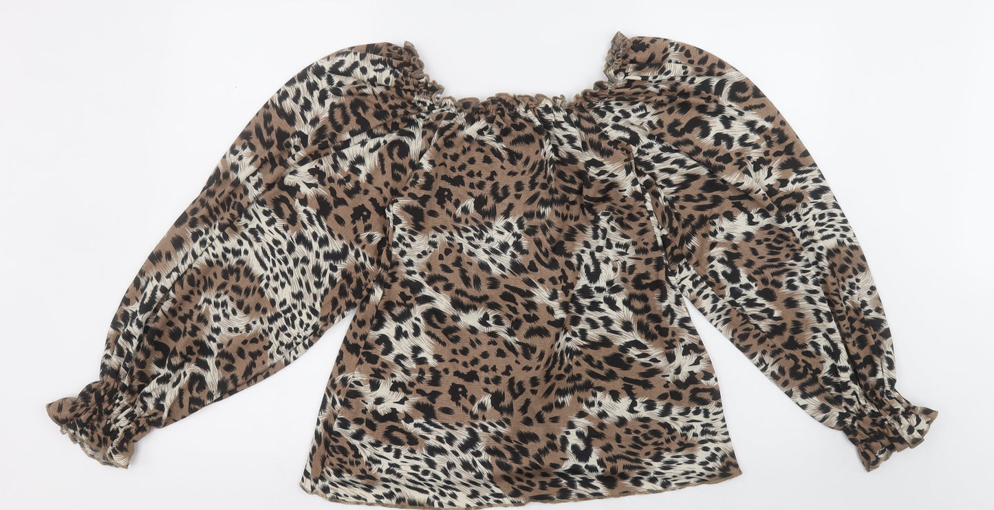 PEP&Co Womens Brown Animal Print Polyester Basic Blouse Size 8 Off the Shoulder