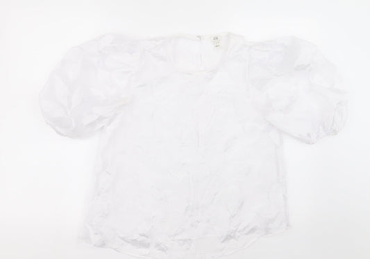River Island Womens White Geometric Polyester Basic Blouse Size 8 Crew Neck