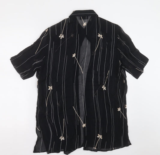 Preworn Womens Black Floral Polyester Basic Button-Up Size 12 Collared
