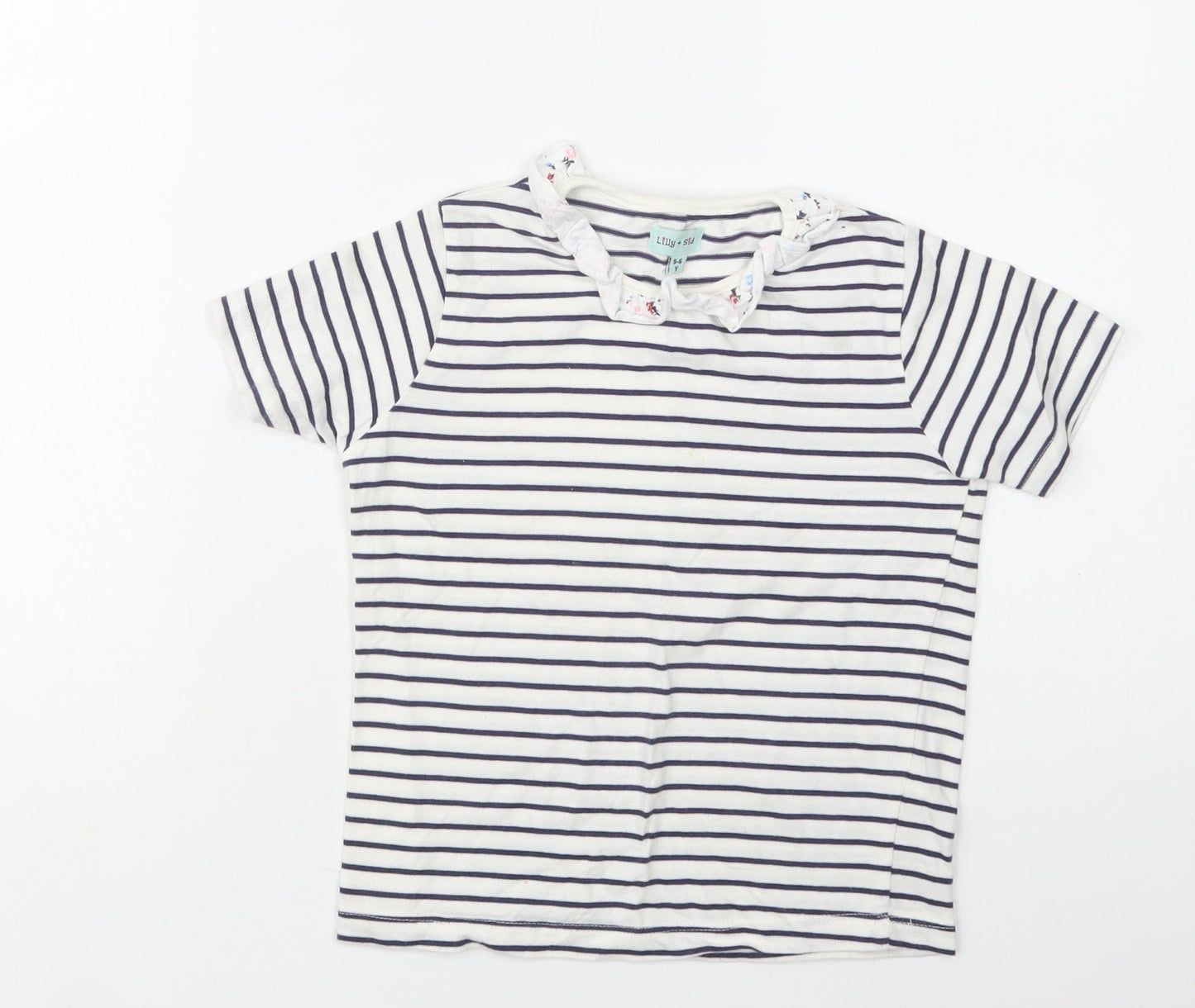 Lilly + Sid  Girls White Striped Cotton Basic T-Shirt Size 5-6 Years Collared