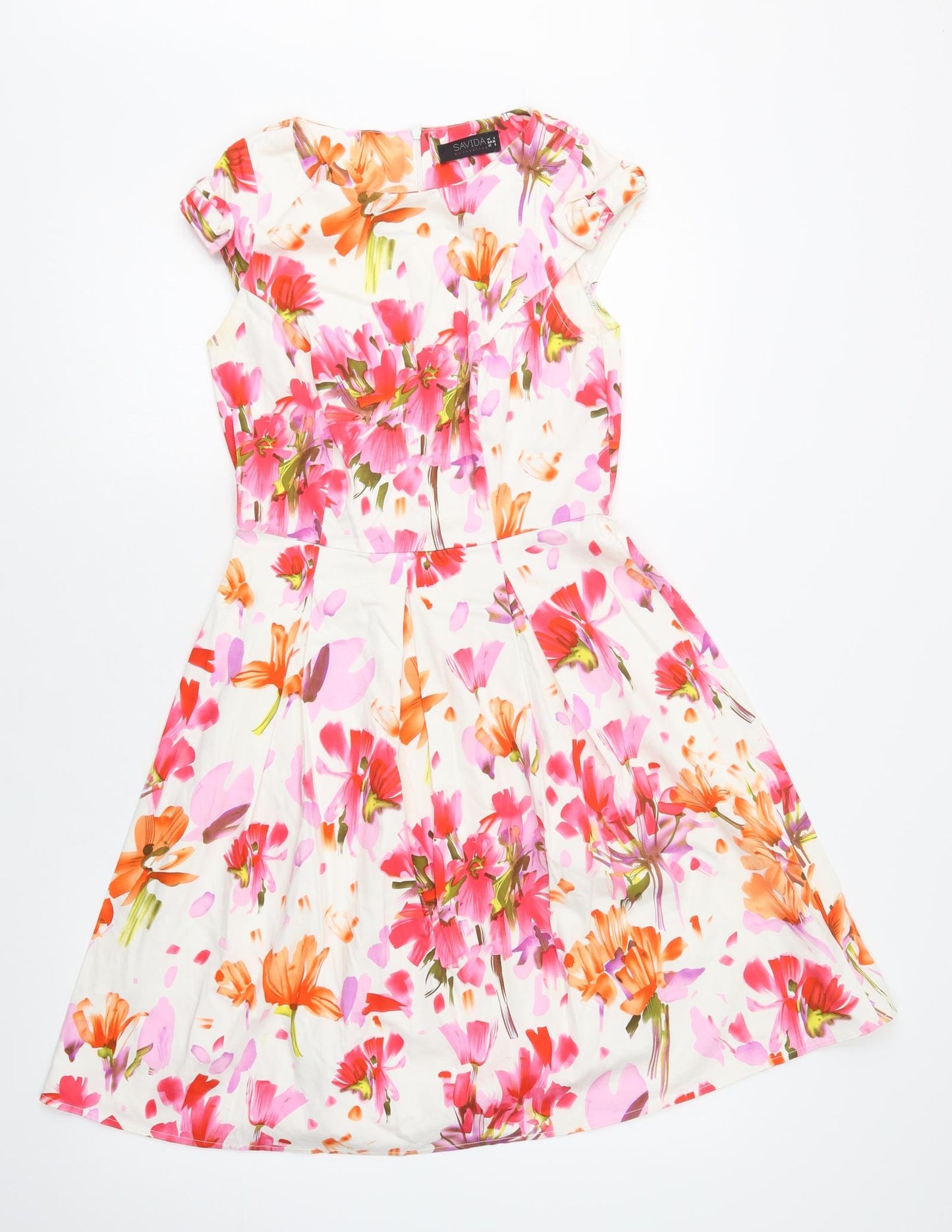 Savida Womens White Floral Cotton Fit & Flare  Size 8  Round Neck Zip