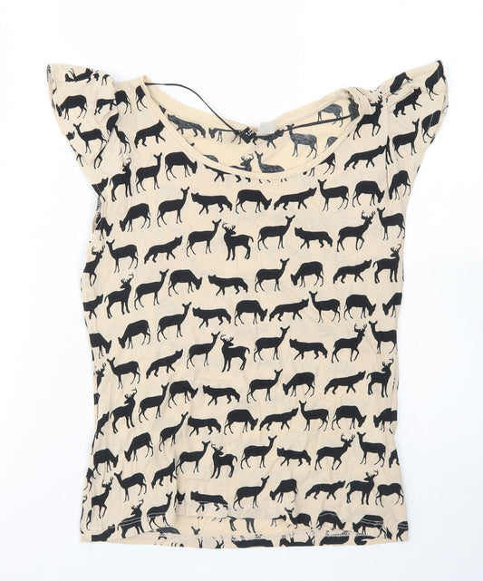 Divided Womens Brown  Cotton Basic T-Shirt Size 8 Round Neck - Deer Print