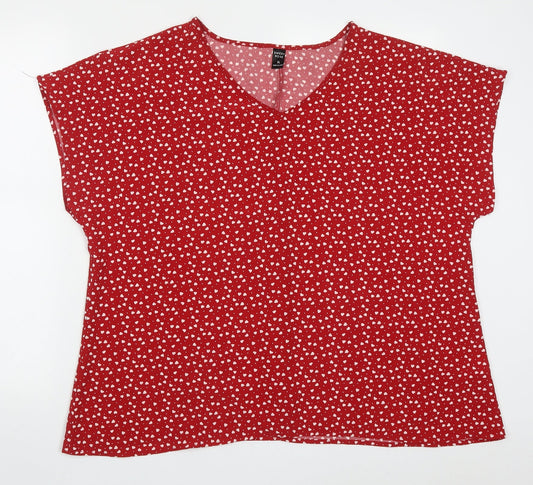 Emery Rose Womens Red  Polyester Basic Blouse Size XL V-Neck - Love Hearts