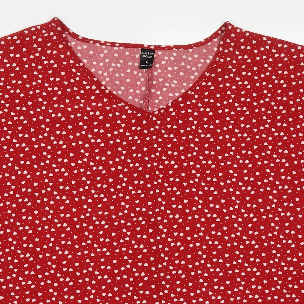 Emery Rose Womens Red  Polyester Basic Blouse Size XL V-Neck - Love Hearts