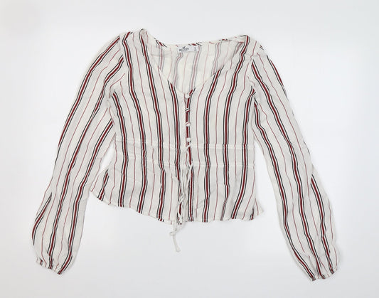 Hollister Womens White V-Neck Striped Viscose Cardigan Jumper Size S