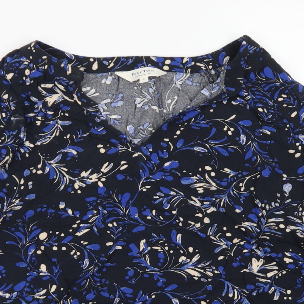 Part Two Womens Blue Floral Viscose Basic Blouse Size 6 V-Neck