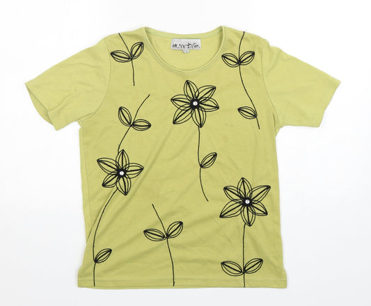 Marble Womens Green Floral Cotton Basic T-Shirt Size XS Round Neck