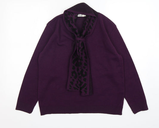 Reflect Womens Purple V-Neck Animal Print Acrylic Pullover Jumper Size M