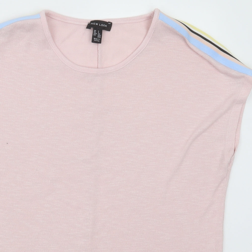 New Look Womens Pink Striped Polyester Basic T-Shirt Size S Crew Neck