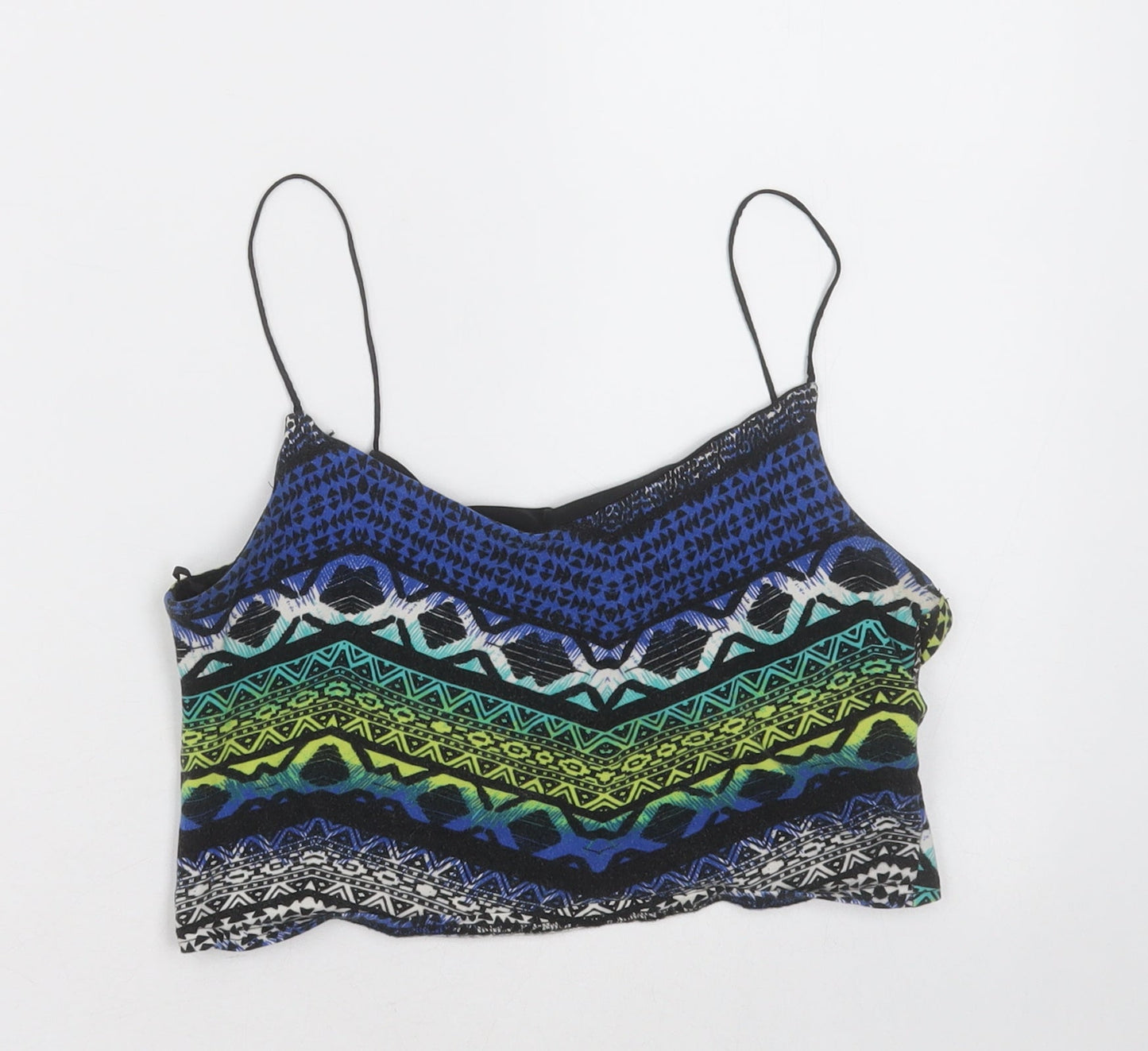 New Look Womens Blue Geometric Cotton Cropped Tank Size 8 V-Neck