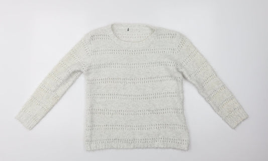 Quiz Womens White Crew Neck Striped Polyester Pullover Jumper Size M