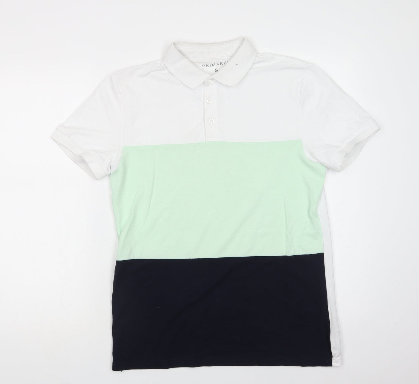 Primark Mens White Colourblock Cotton  Polo Size S Collared Button