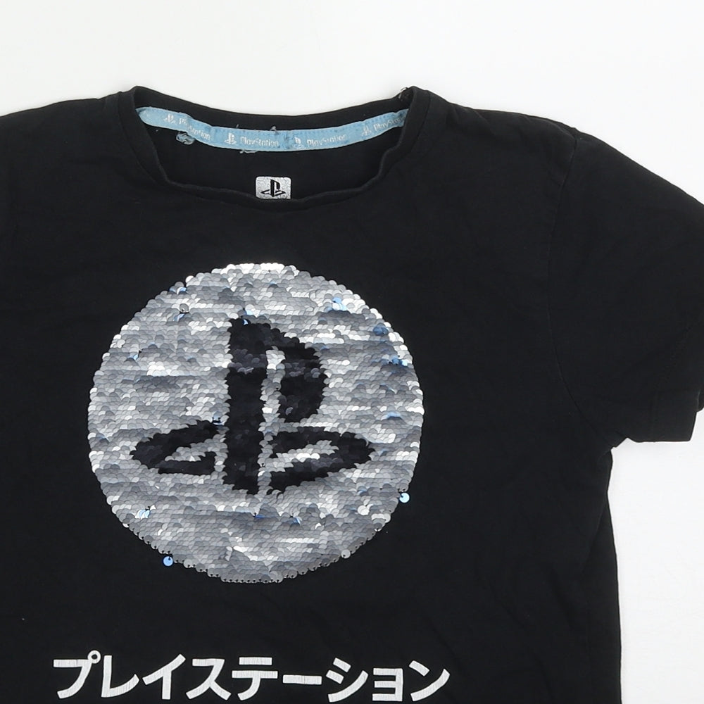 Primark Boys Black  Cotton Basic T-Shirt Size 7-8 Years Crew Neck Pullover - Playstation