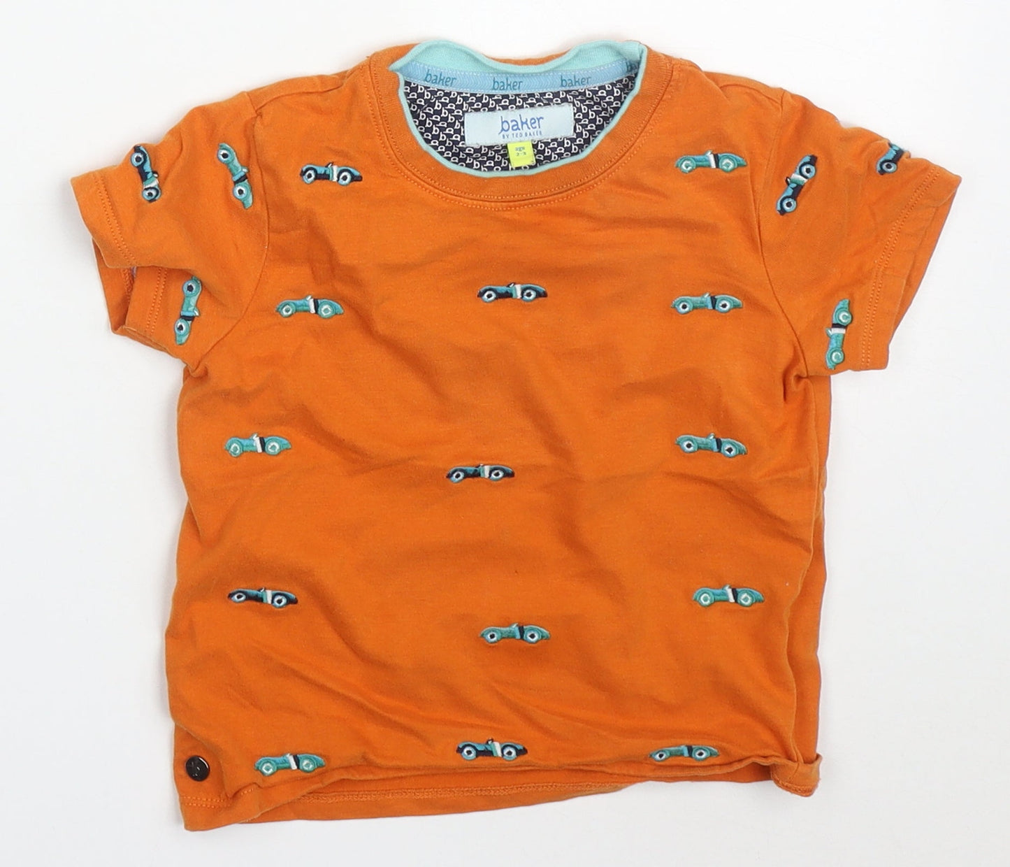 Ted Baker Boys Orange  Cotton Basic T-Shirt Size 2-3 Years Crew Neck Pullover - Racecars