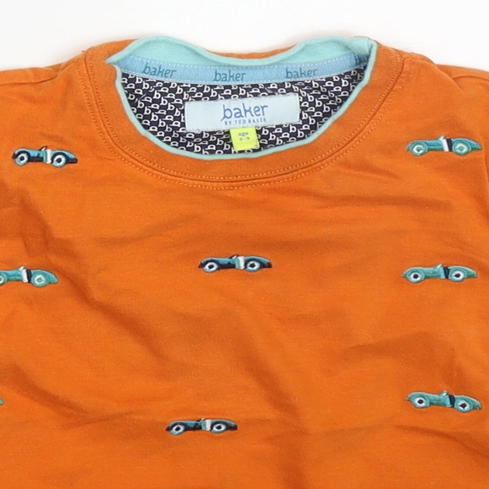 Ted Baker Boys Orange  Cotton Basic T-Shirt Size 2-3 Years Crew Neck Pullover - Racecars