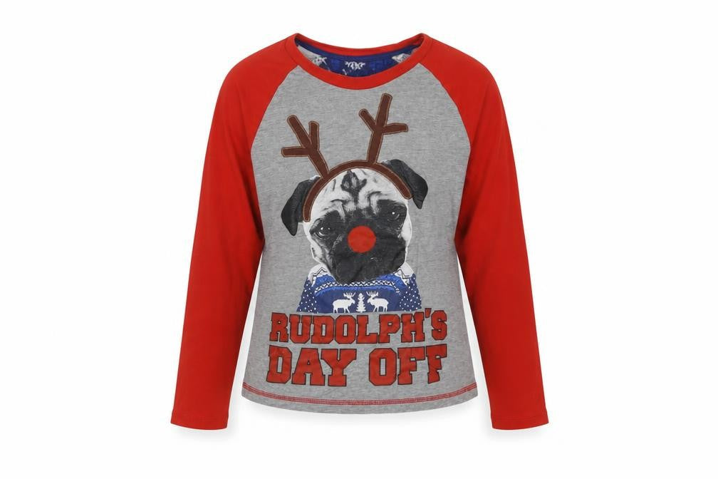 George Girls Grey Colourblock Cotton Basic Blouse Size 11-12 Years Crew Neck  - Pug Christmas