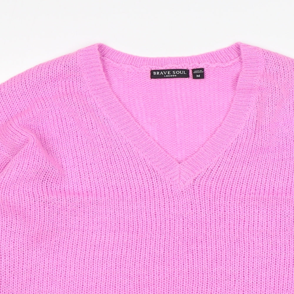 Brave Soul Womens Pink V-Neck  Acrylic Pullover Jumper Size M
