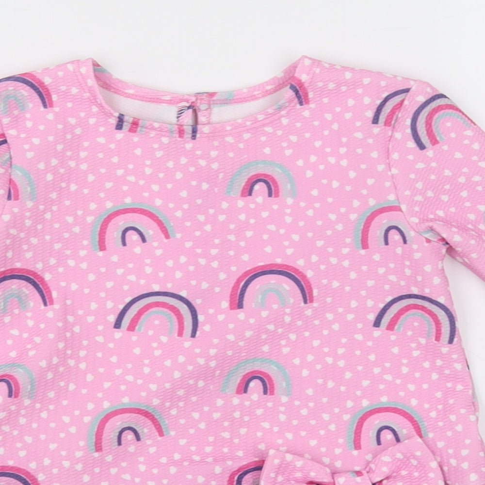 Dunnes Stores Girls Pink Polka Dot Polyester A-Line  Size 2-3 Years  Crew Neck Button - rainbows