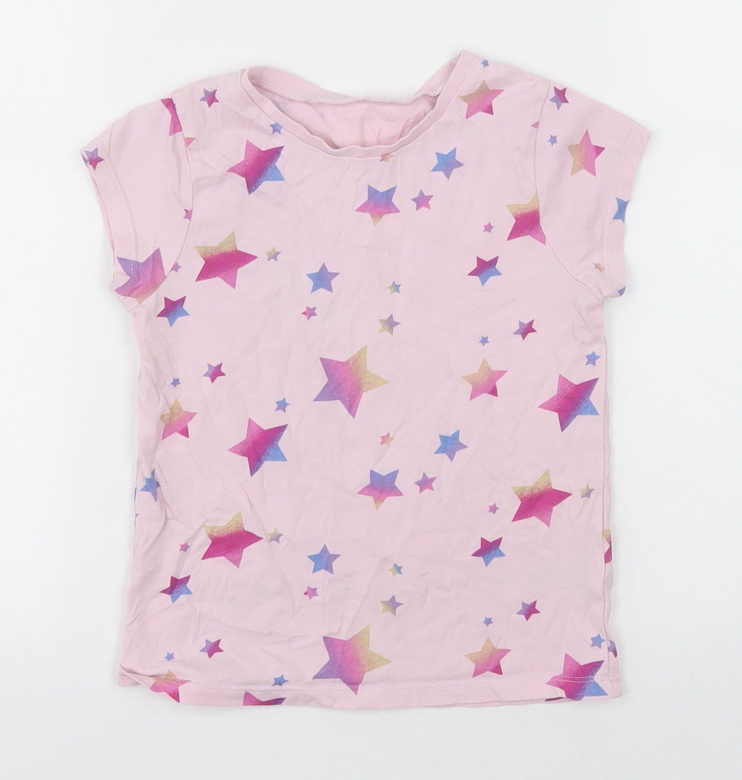 George Girls Pink Geometric Cotton Basic T-Shirt Size 5-6 Years Crew Neck Pullover - Star Pattern