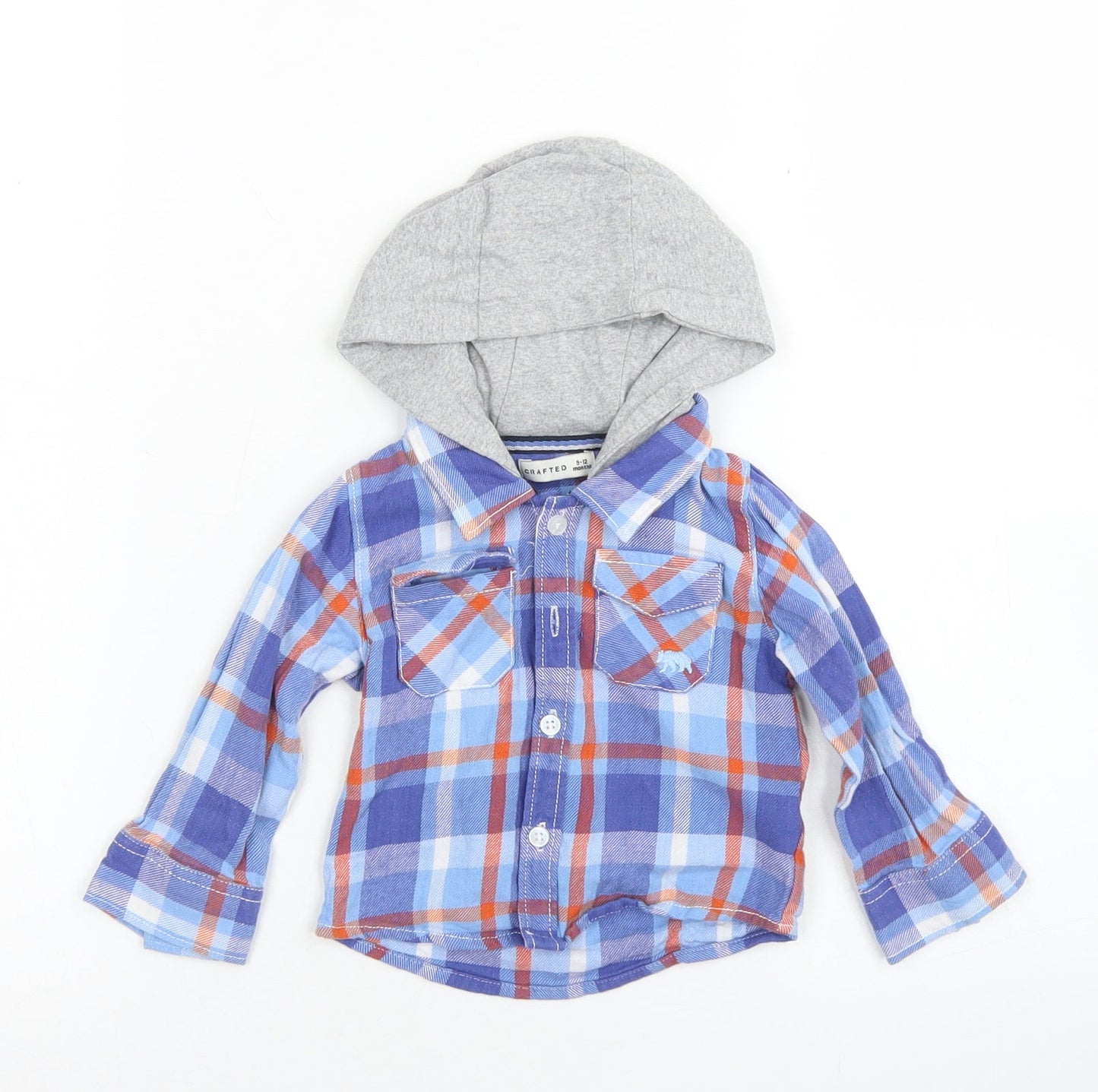 Crafted Boys Blue Plaid Cotton Basic Button-Up Size 9-12 Months Collared Button