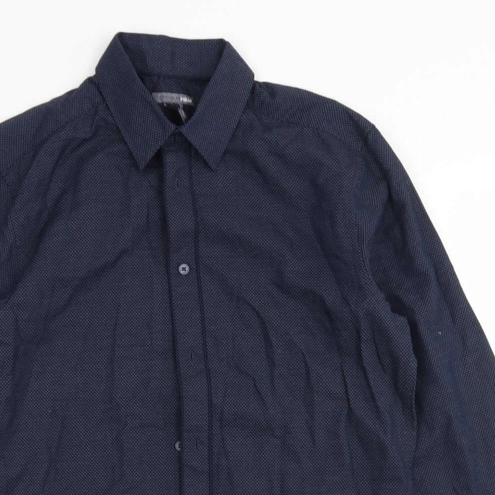 H&M Mens Blue Polka Dot Cotton  Button-Up Size S Collared Button
