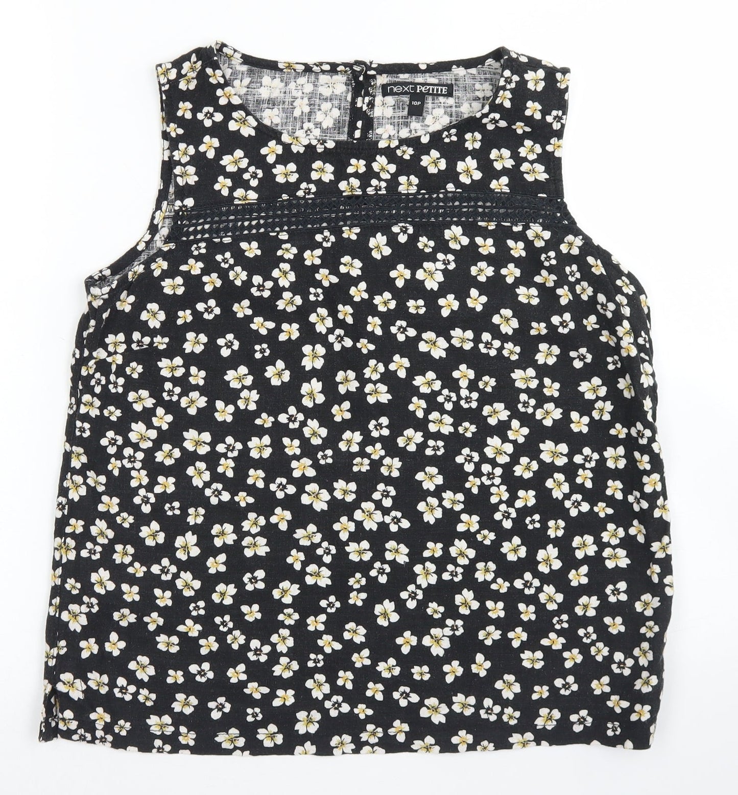 Next  Womens Black Floral Linen Basic Blouse Size 10 Round Neck