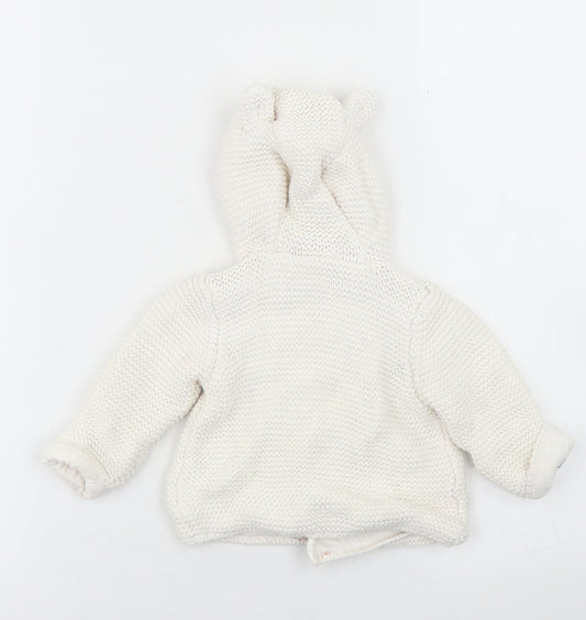 M&S Girls White  Cotton Cardigan Jumper Size 0-3 Months  Button - Bear hood