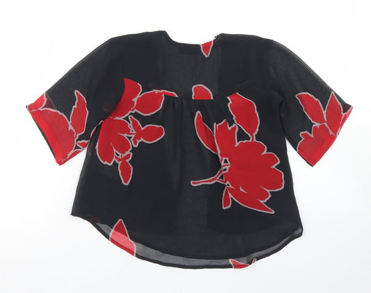 NEXT Girls Black Floral Polyester Kimono Blouse Size 4 Years Round Neck