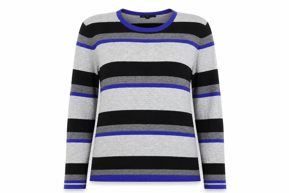 Mud Flowers Womens Grey Crew Neck Striped Viscose Pullover Jumper Size L