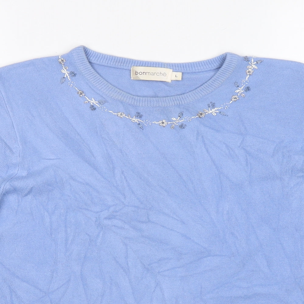Bonmarché Womens Blue Round Neck Floral Acrylic Pullover Jumper Size L