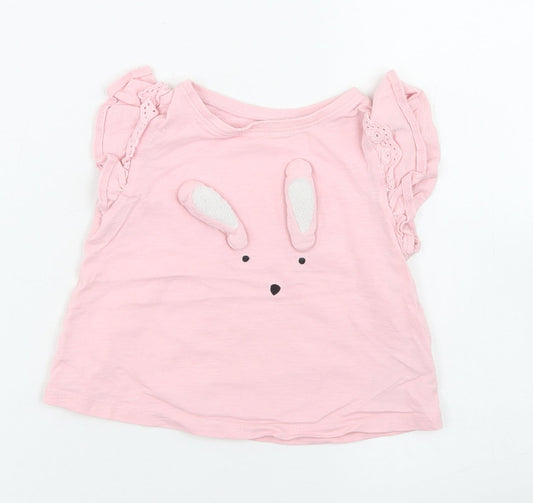 NEXT Girls Pink  Cotton Basic T-Shirt Size 9-12 Months Crew Neck  - rabbit