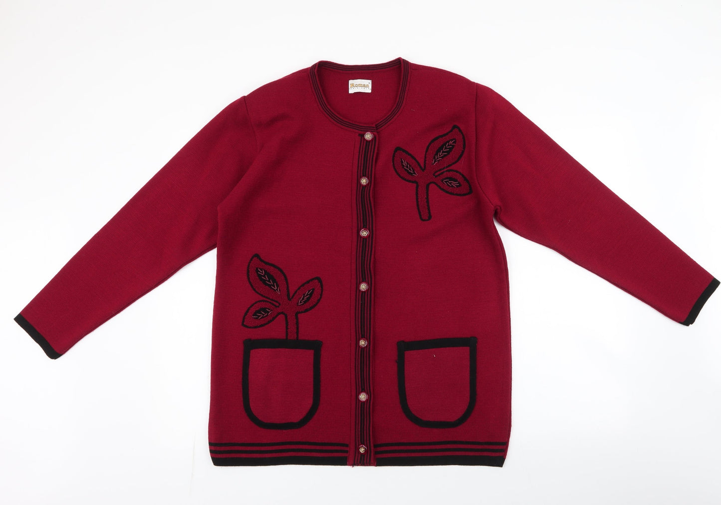 Roman Originals Womens Red Round Neck Floral Acrylic Cardigan Jumper Size S