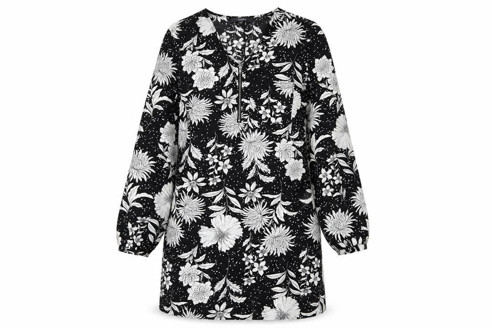 Studio Womens Black Floral Polyester Shirt Dress  Size 12  V-Neck Zip - polka dot
